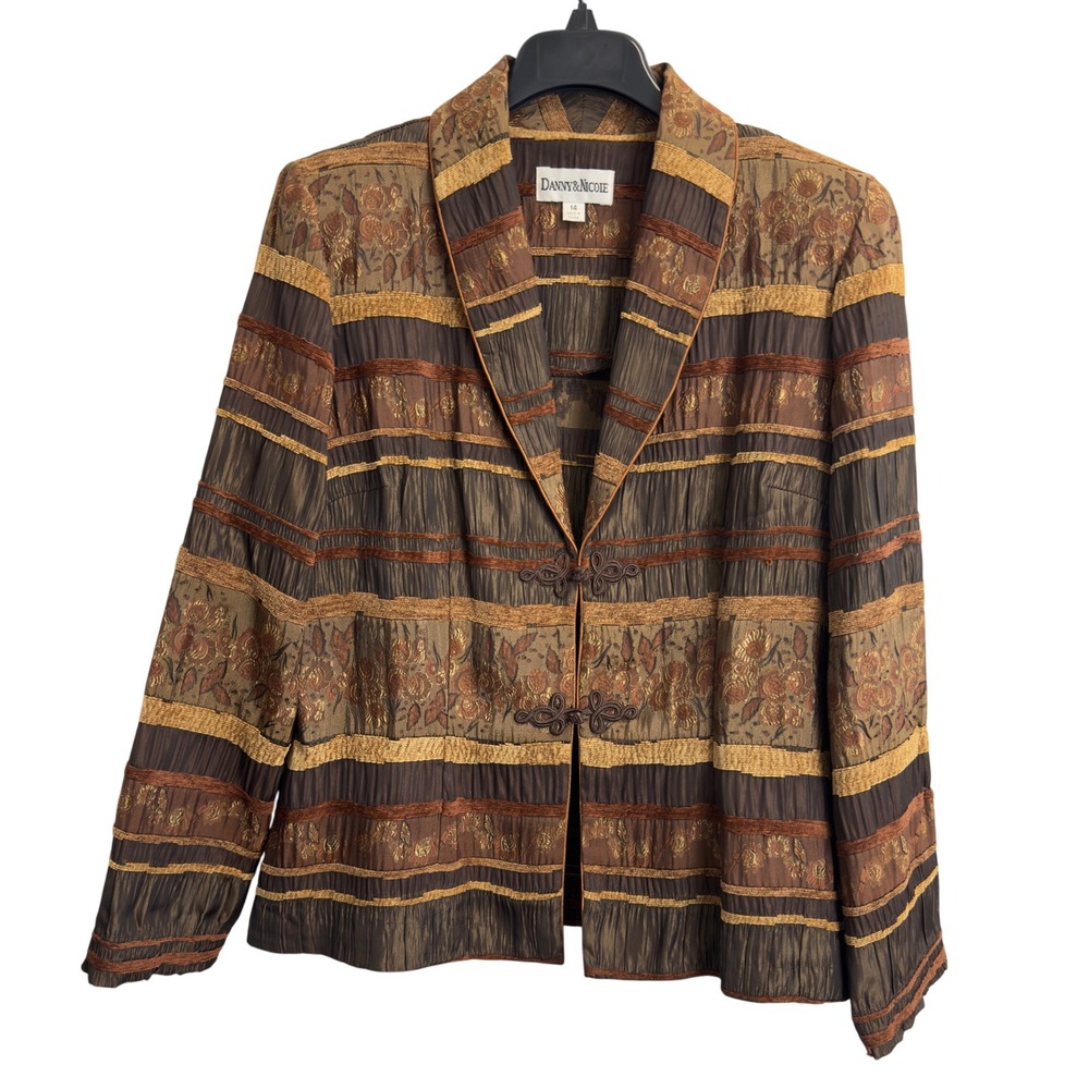 Danny & Nicole Brown Gold Floral Brocade Frog Closure Blazer Jacket Womens 14